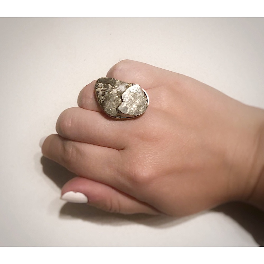 Pyrite and gold plated metal ring